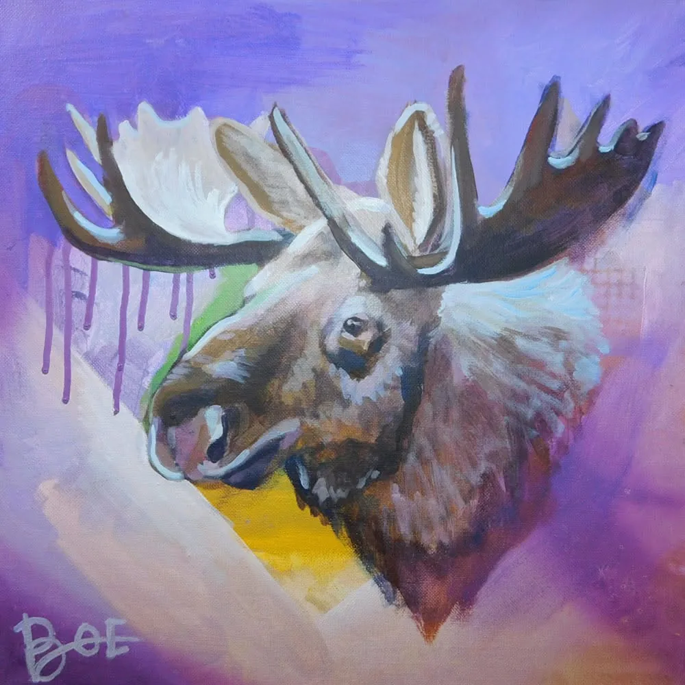 Painted moose head against a purple-pink and yellow background, 2019