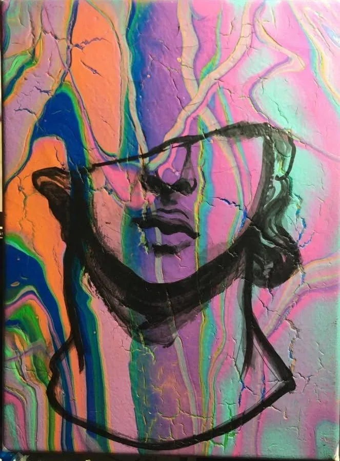 Minimal face painted over a neon acrylic-pour background