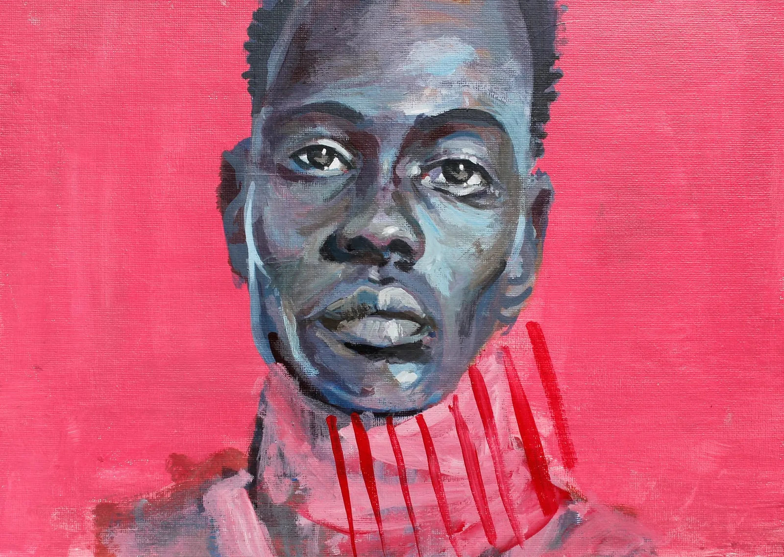 Red Study, a portrait painting with blue-gray skin, a red background and striped turtleneck