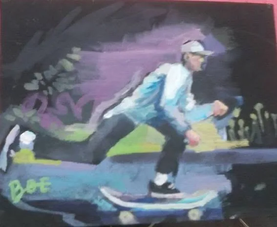 Loose painting of a skateboarder moving through a dark streetscape