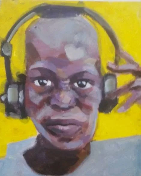Portrait of a person wearing headphones against yellow
