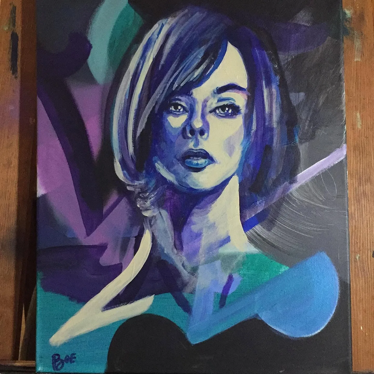 Blue and violet portrait with angular abstract shapes
