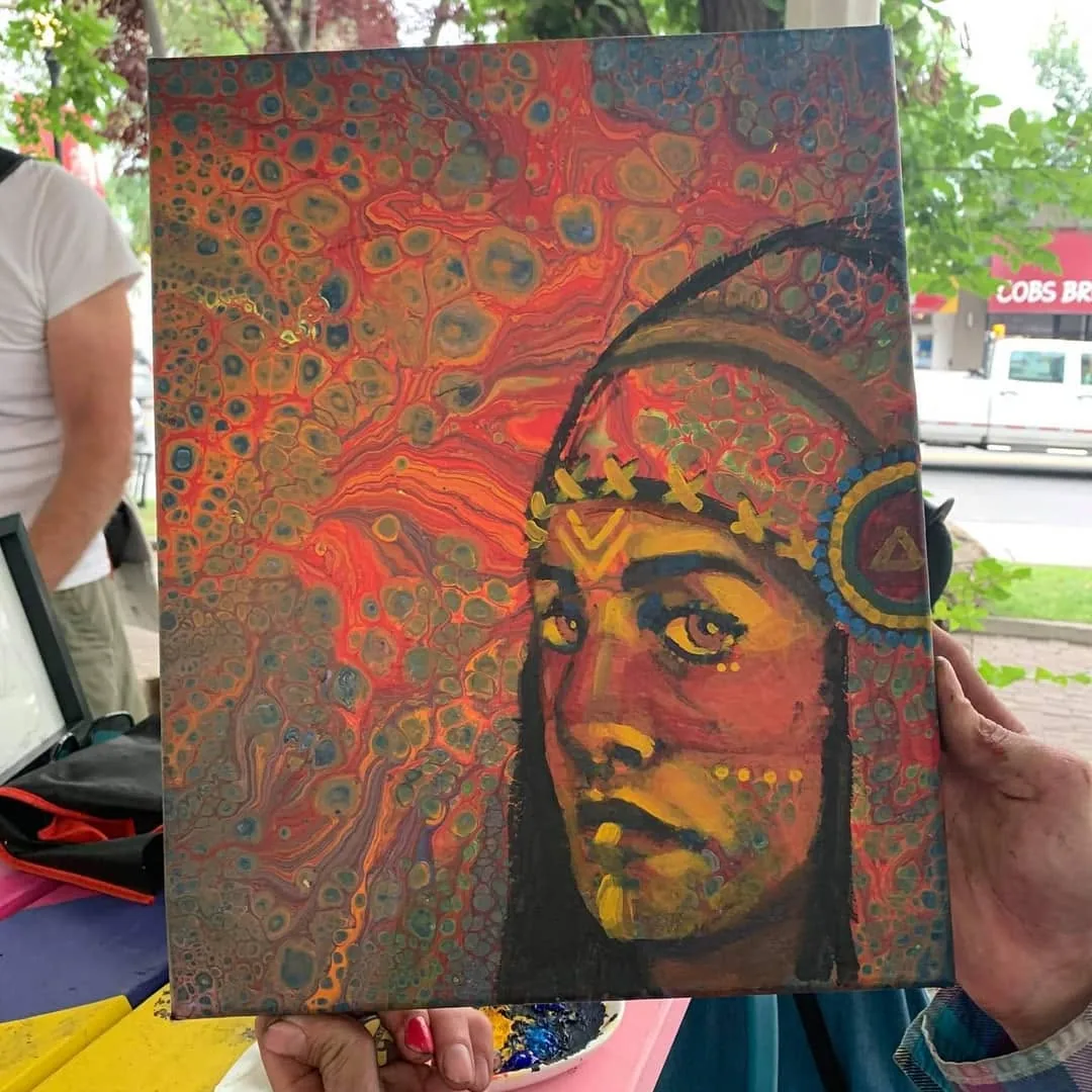 Portrait painted over a red, orange and teal acrylic-pour background