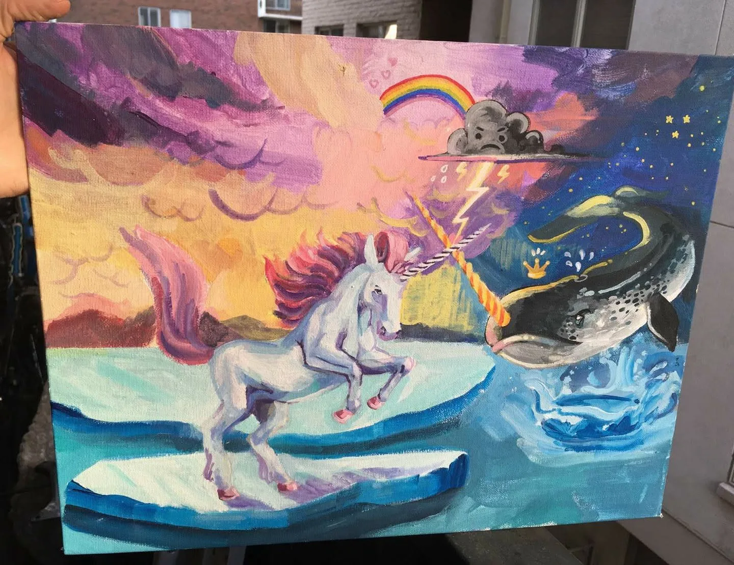 A unicorn jousting a narwhal in The Epic Battle